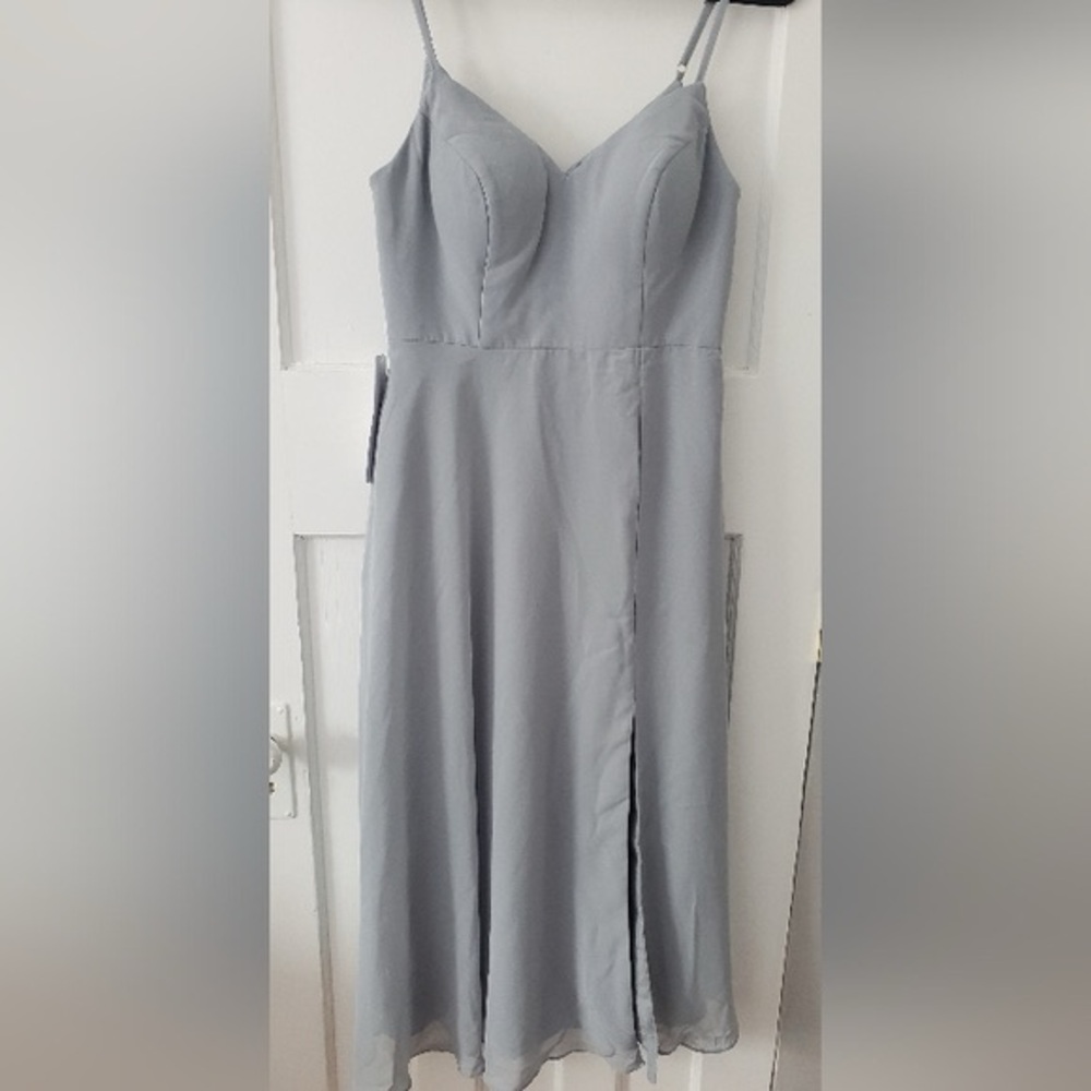 Azazie Clarissa A Line Chiffon Tea Length Dress Dolphin Grey Sz A6 NWT - Picture 4 of 15